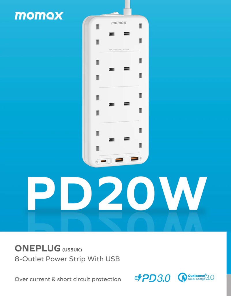 Momax ONEPLUG PD20W 2A1C 8outlet strip (White)