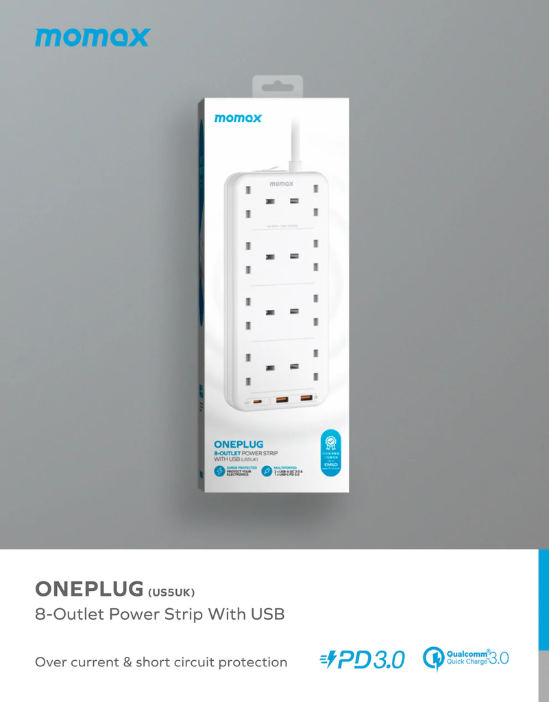 Momax ONEPLUG PD20W 2A1C 8outlet strip (White)