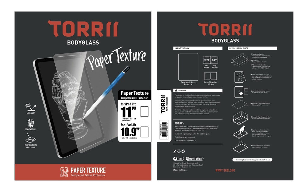 Torrii Bodyglass Paper Texture Glass Screen Protector for iPad Pro 11" & Air 10.9” (Clear)