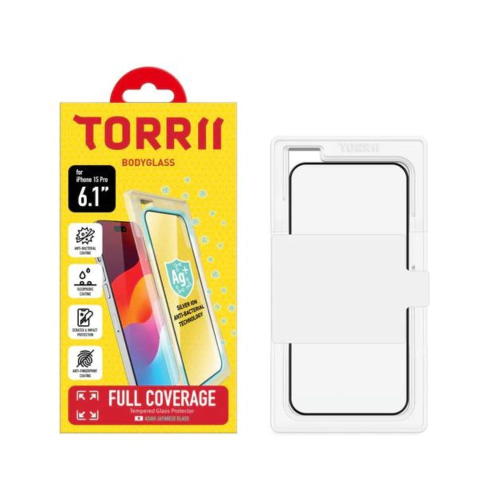 Torrii BodyGlass Anti-Bacterial Full Coverage Screen Protector for iPhone 15 Pro (Black)