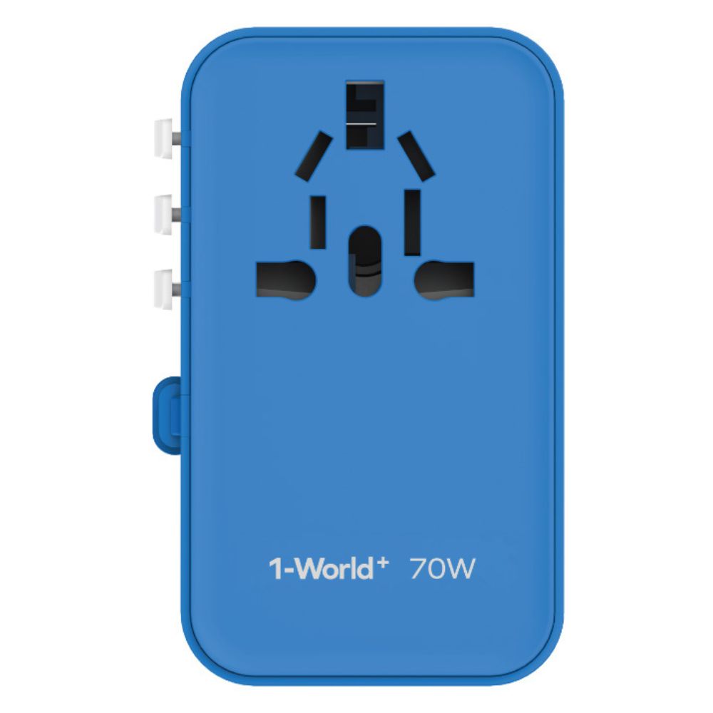 Momax 1-World+ 70W GaN 3-Port w /Built-in USB-C Cable + AC Travel Adaptor (Blue)