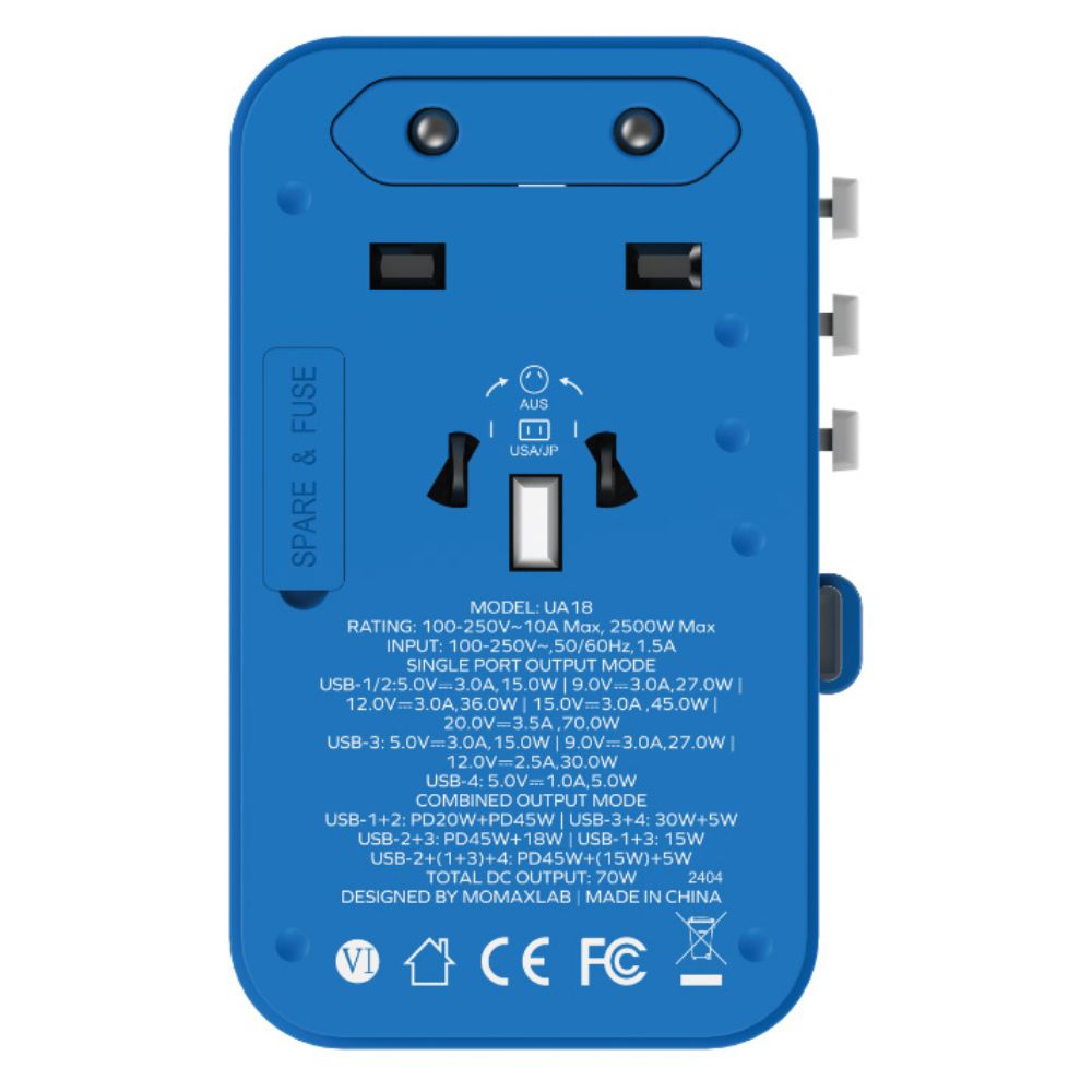 Momax 1-World+ 70W GaN 3-Port w /Built-in USB-C Cable + AC Travel Adaptor (Blue)