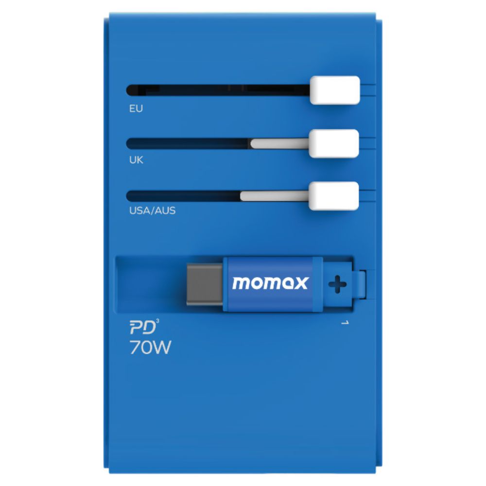 Momax 1-World+ 70W GaN 3-Port w /Built-in USB-C Cable + AC Travel Adaptor (Blue)
