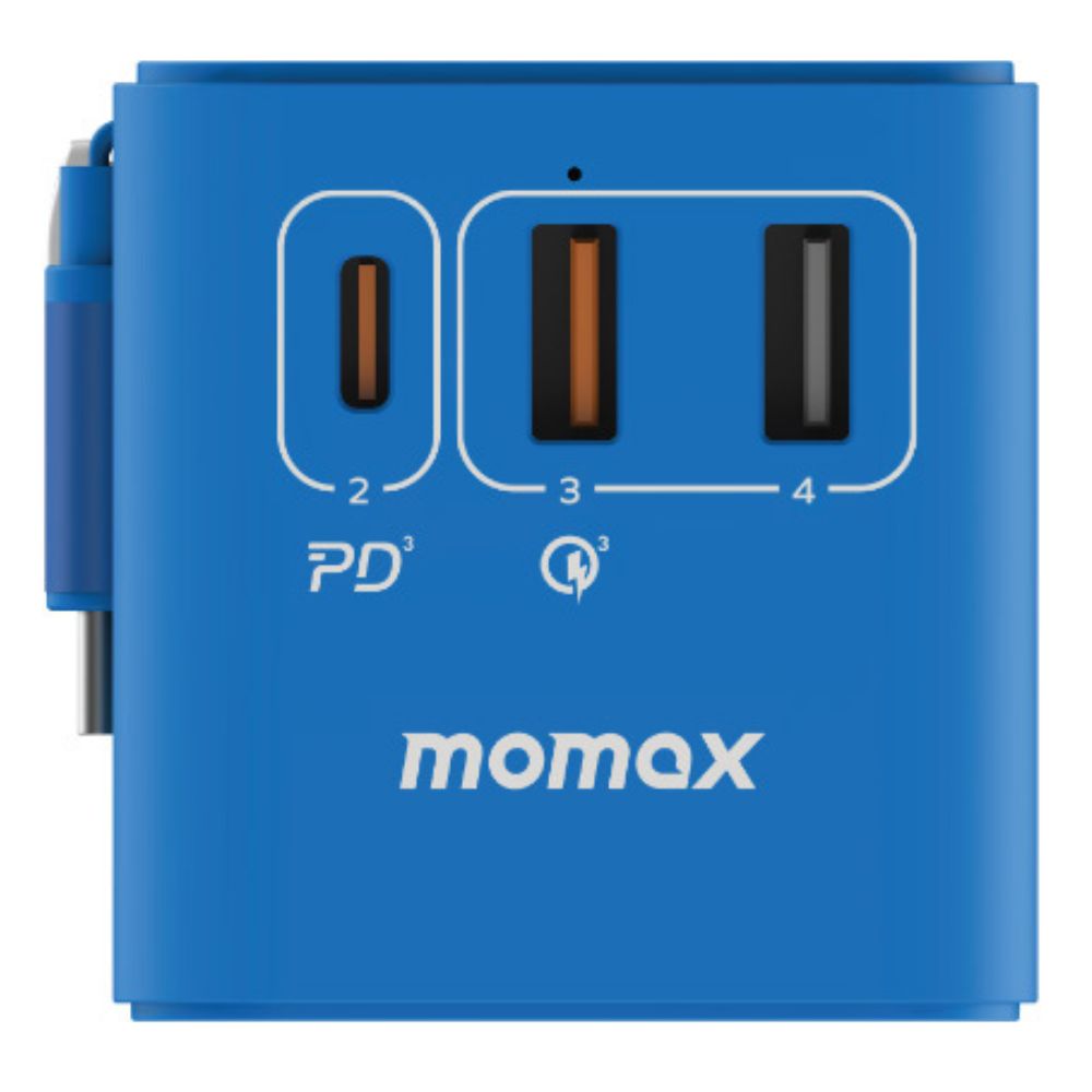 Momax 1-World+ 70W GaN 3-Port w /Built-in USB-C Cable + AC Travel Adaptor (Blue)