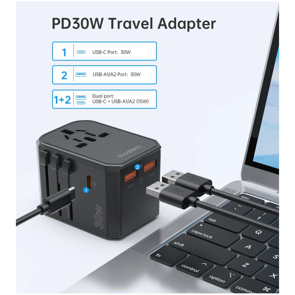 Choetech PD30W C+2A Travel Wall Adapter (Black)