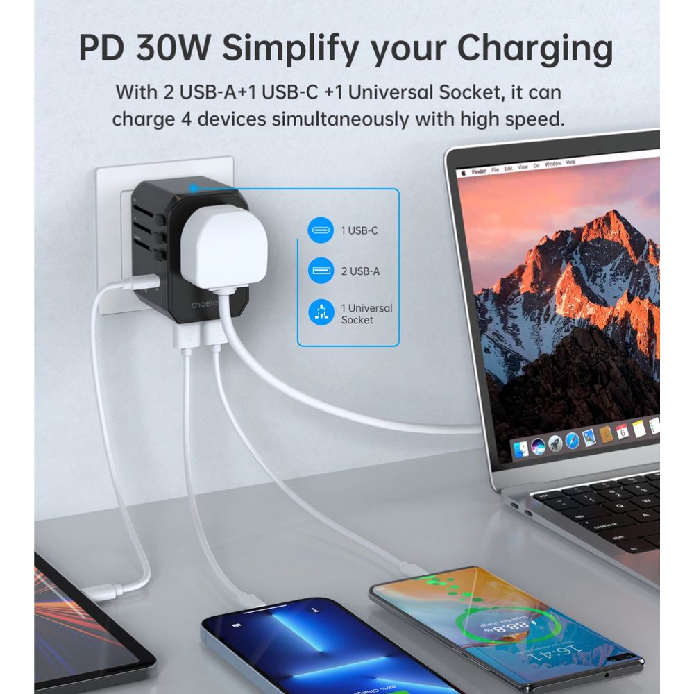 Choetech PD30W C+2A Travel Wall Adapter (Black)