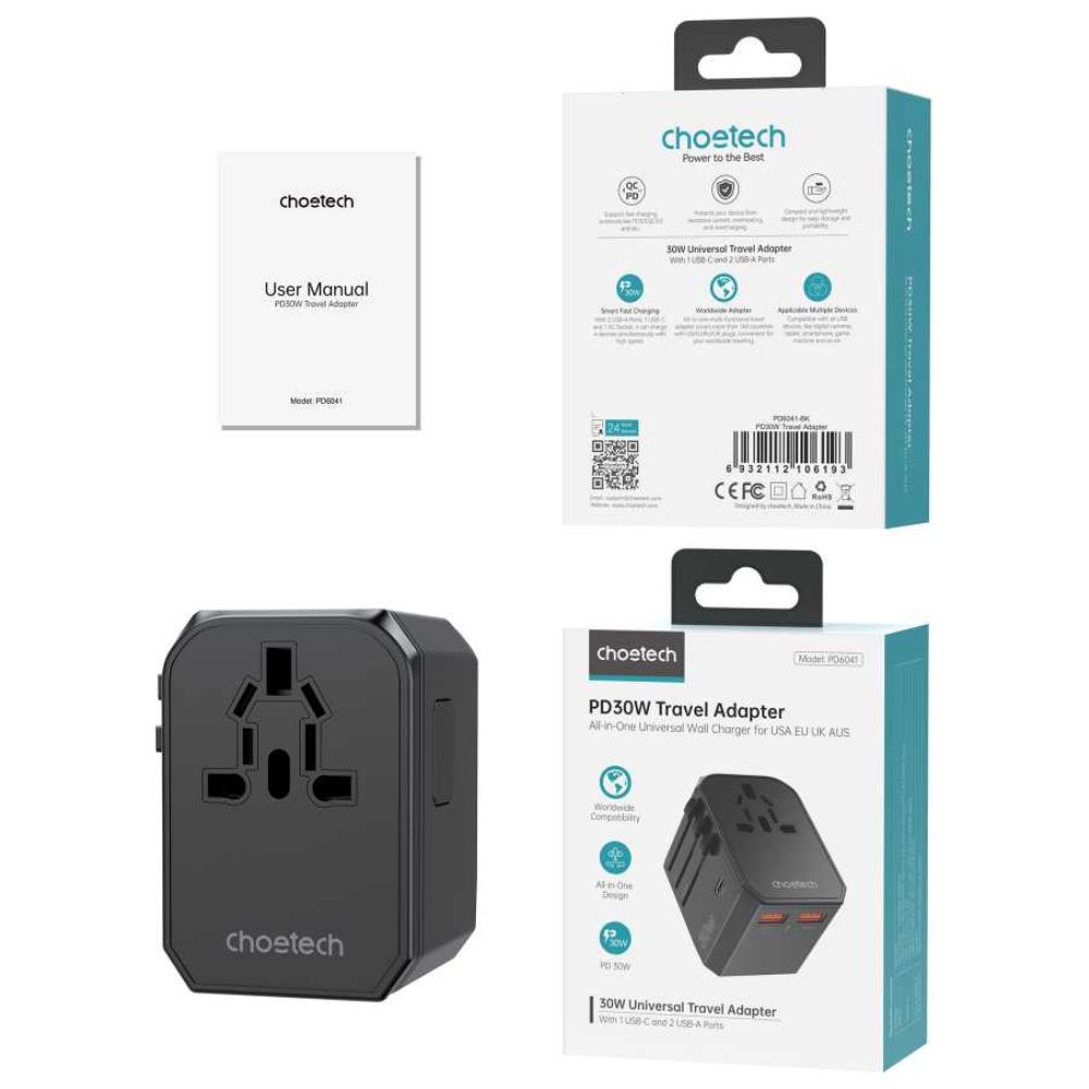 Choetech PD30W C+2A Travel Wall Adapter (Black)