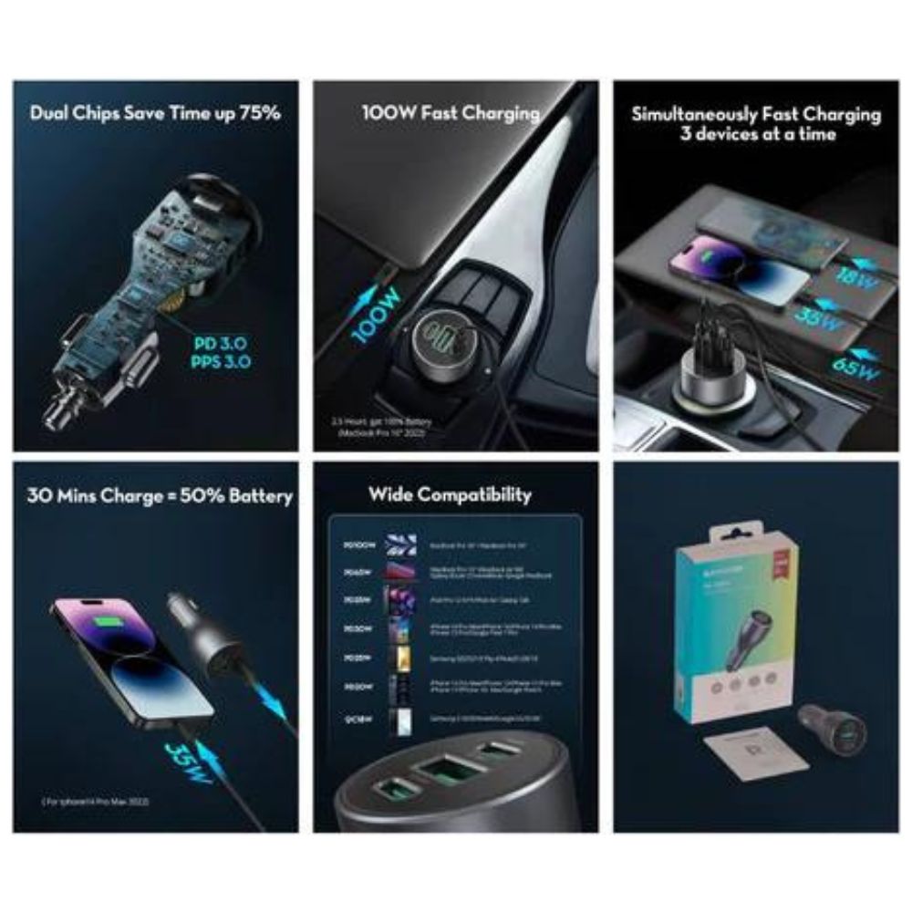 RAVPower 3-Port Car Charger 100w (Gray)