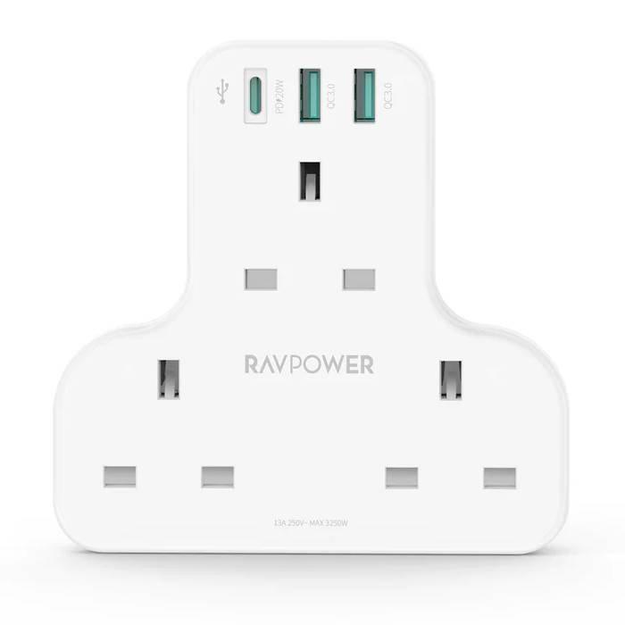 RAVPower PD Pioneer 20W 3 port charger White UK Version with 3 AC plug
