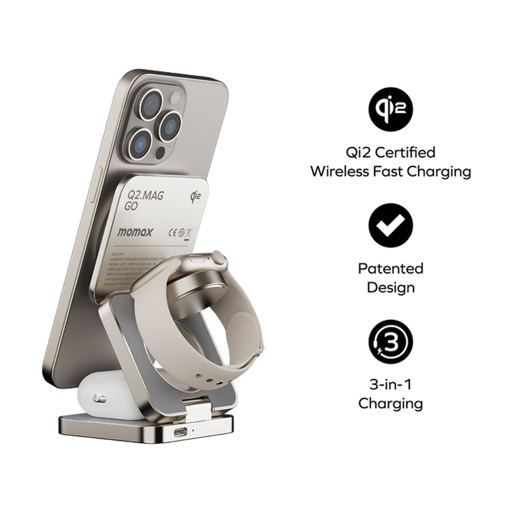 Momax Q2.Mag Go Qi2 3-in1 Magnetic Wireless Charging Stand (Titanum)