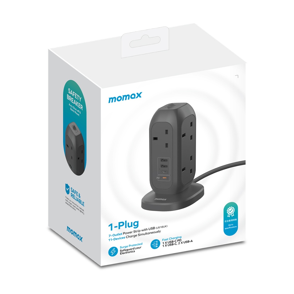 Momax ONEPLUG 7-Outlet Power Strip With USB (Space Grey)