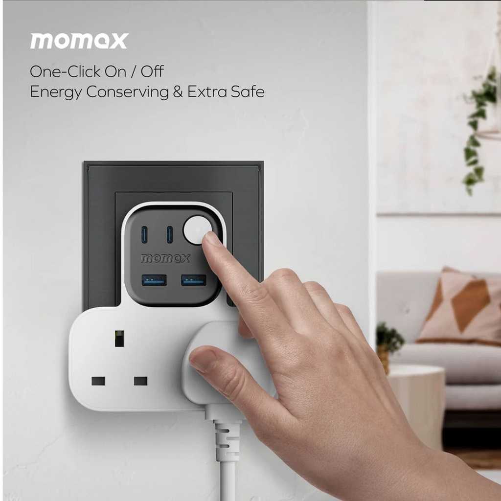 Momax 1-Charge Work Flow T-shaped Extention 2 Socket with USB (White)