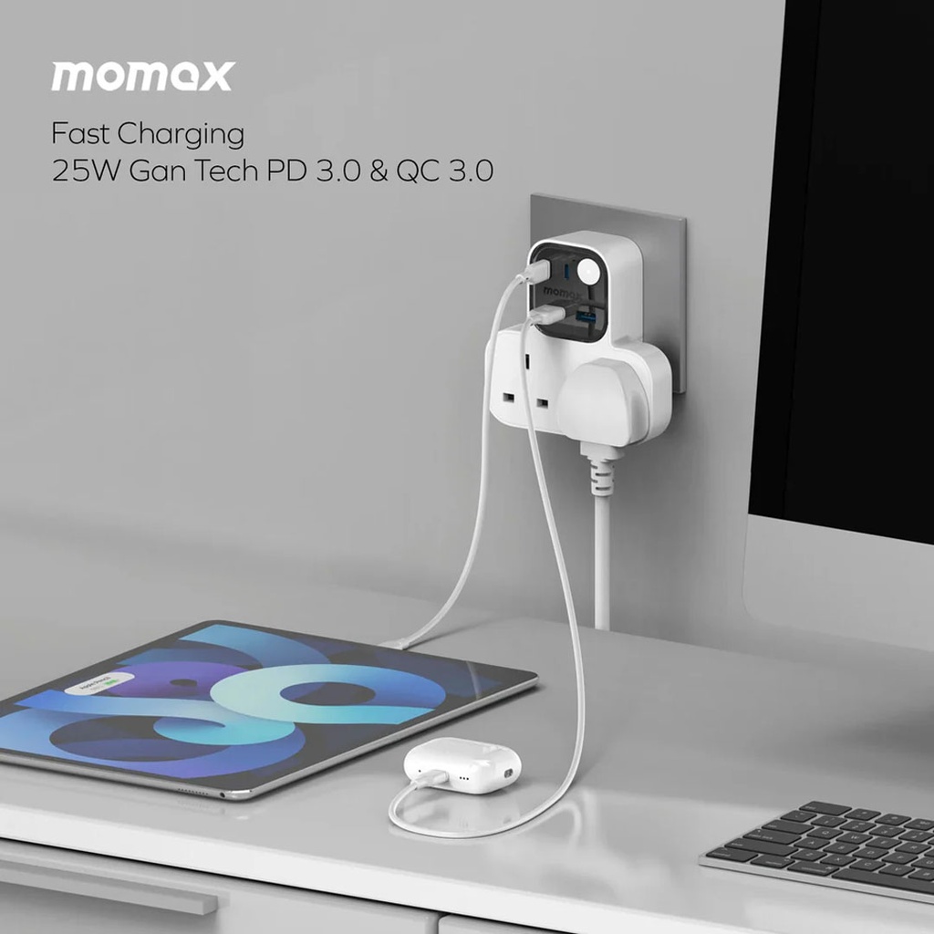 Momax 1-Charge Work Flow T-shaped Extention 2 Socket with USB (White)