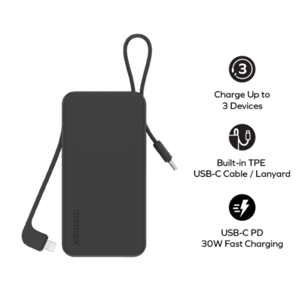 Momax 1-Power Vital+ 10000mAh Battery Pack with Built-in USB-C and Lightning Cable (Black)