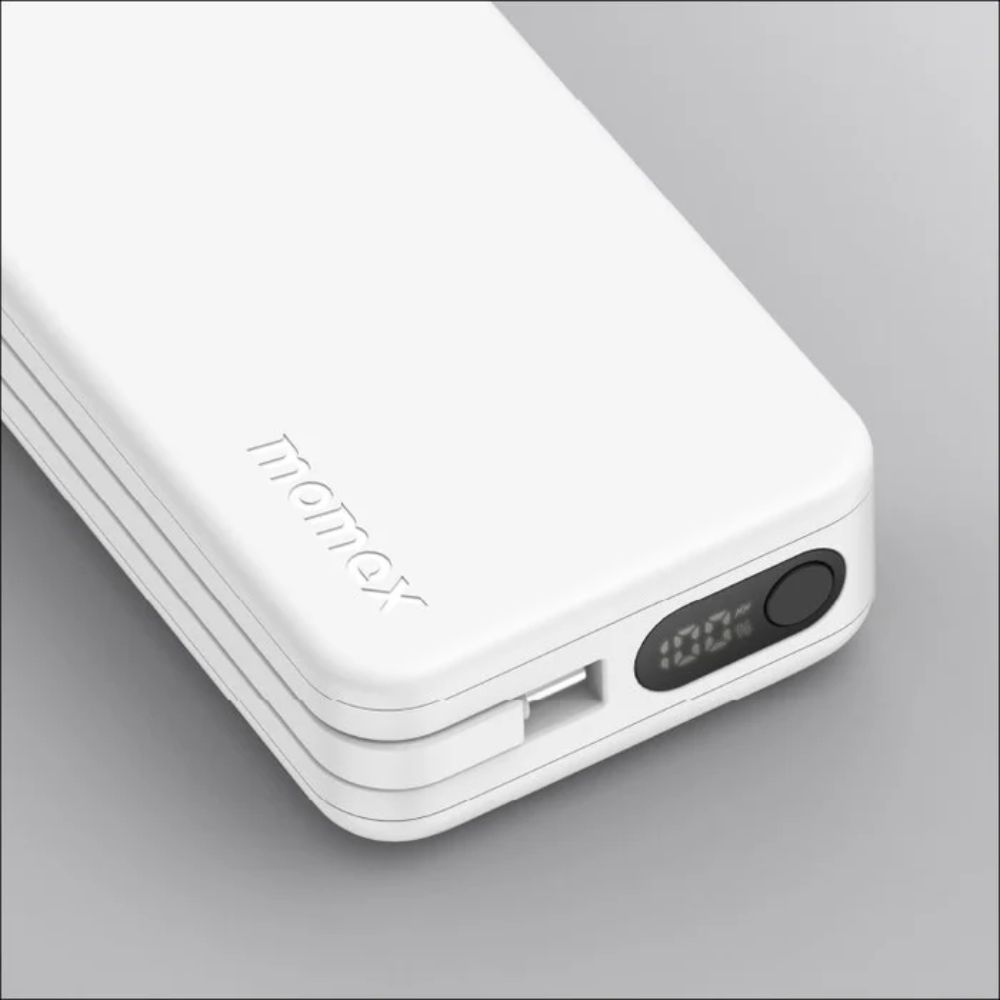 Momax 1-Power Vital+ 10000mAh Battery Pack with Built-in USB-C and Lightning Cable (White)