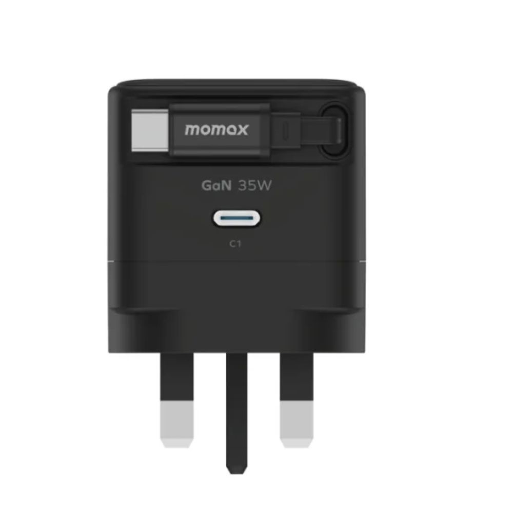Momax 1-Charge+ 1-Port GaN 35W charger with Retractable USB-C Cable (Black)