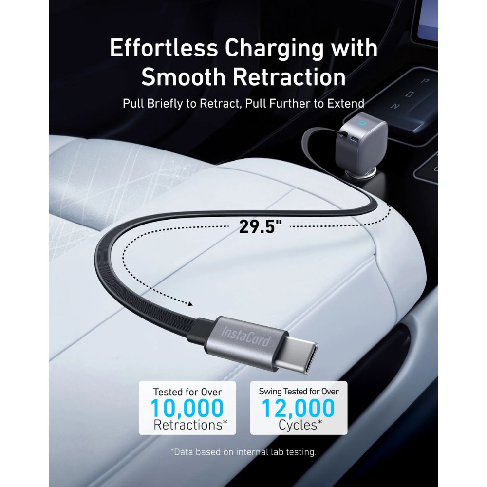 Anker nano Car Charger (75W, USB-C Port, Built-in Retractable USB-C Cable) (Silver)
