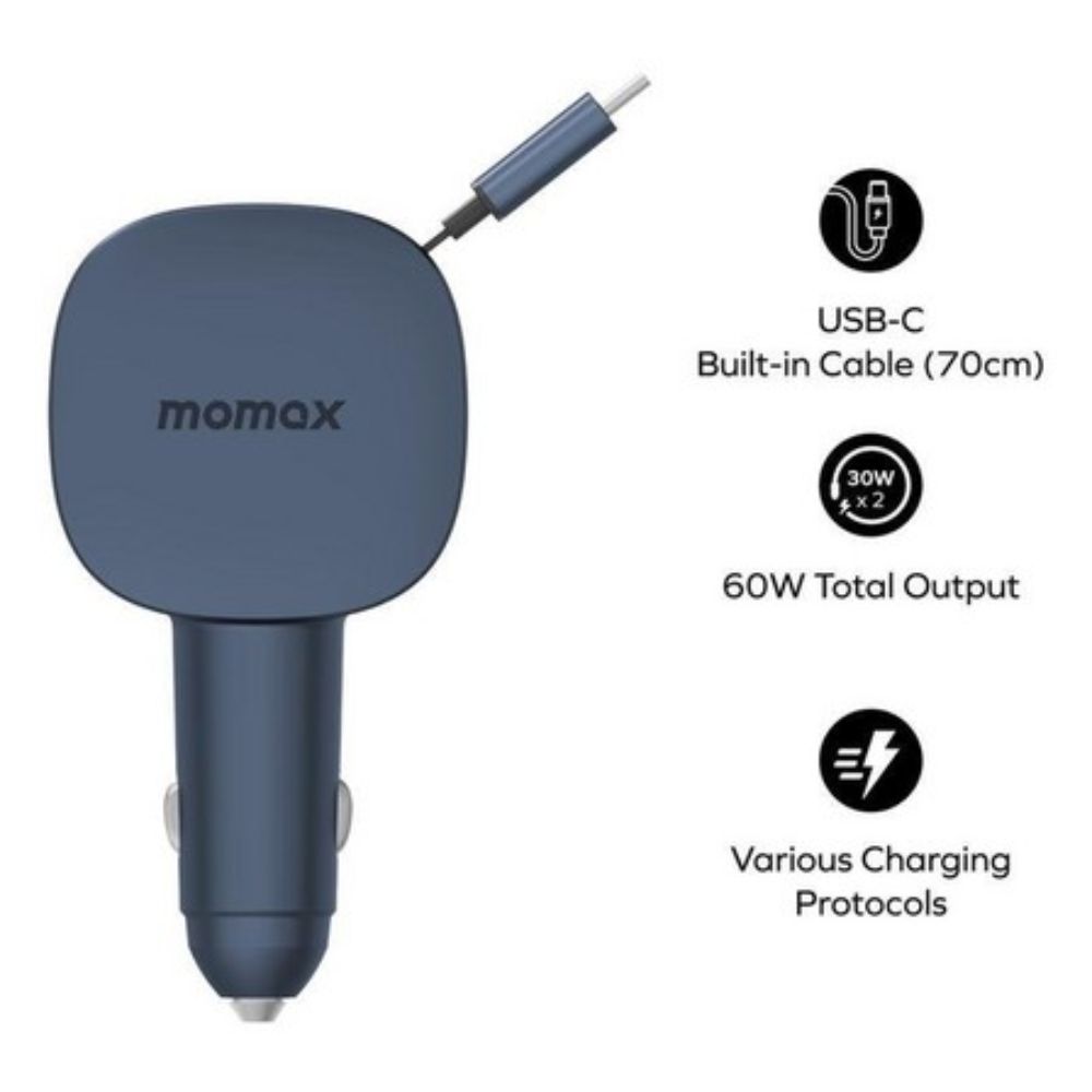 Momax 1-MOVE+ 60W 2-Port Car Charger with Built-in Retractable cable (Grey)