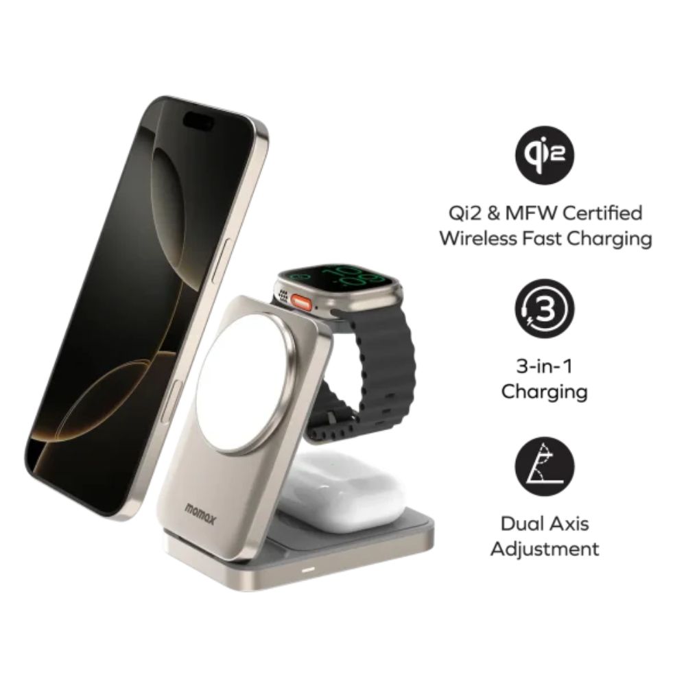 Momax 1-Charge Q.Port Qi2 3-in-1 Magnetic Wireless Charging Stand (Titanium)