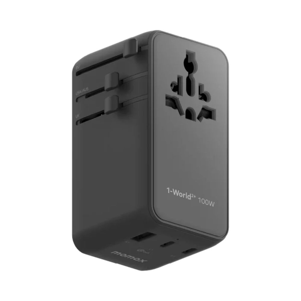 Momax 1-World2+ 100W 4-Port Dual AC Travel Adaptor with Built-in retractable Cable (Black)