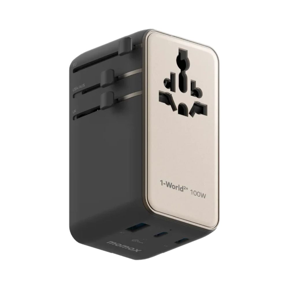 Momax 1-World2+ 100W 4-Port Dual AC Travel Adaptor with Built-in retractable Cable (Titanium)