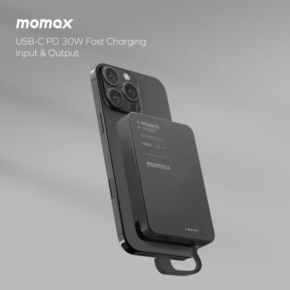 Momax 1-Power F.Pass+ 10000mAh Battery Pack with Built-in Cable and Magnetic attachment (Black)