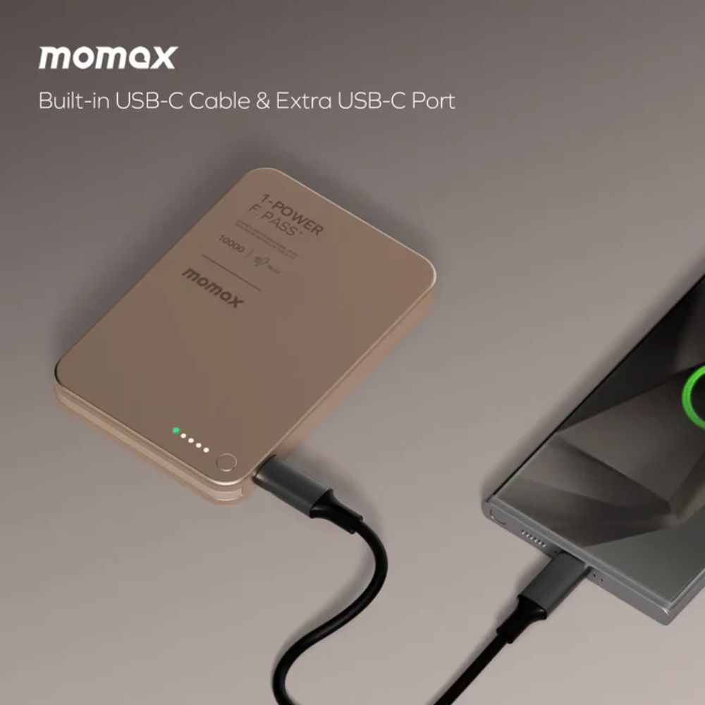 Momax 1-Power F.Pass+ 10000mAh Battery Pack with Built-in Cable and Magnetic attachment (Desert Titanium))