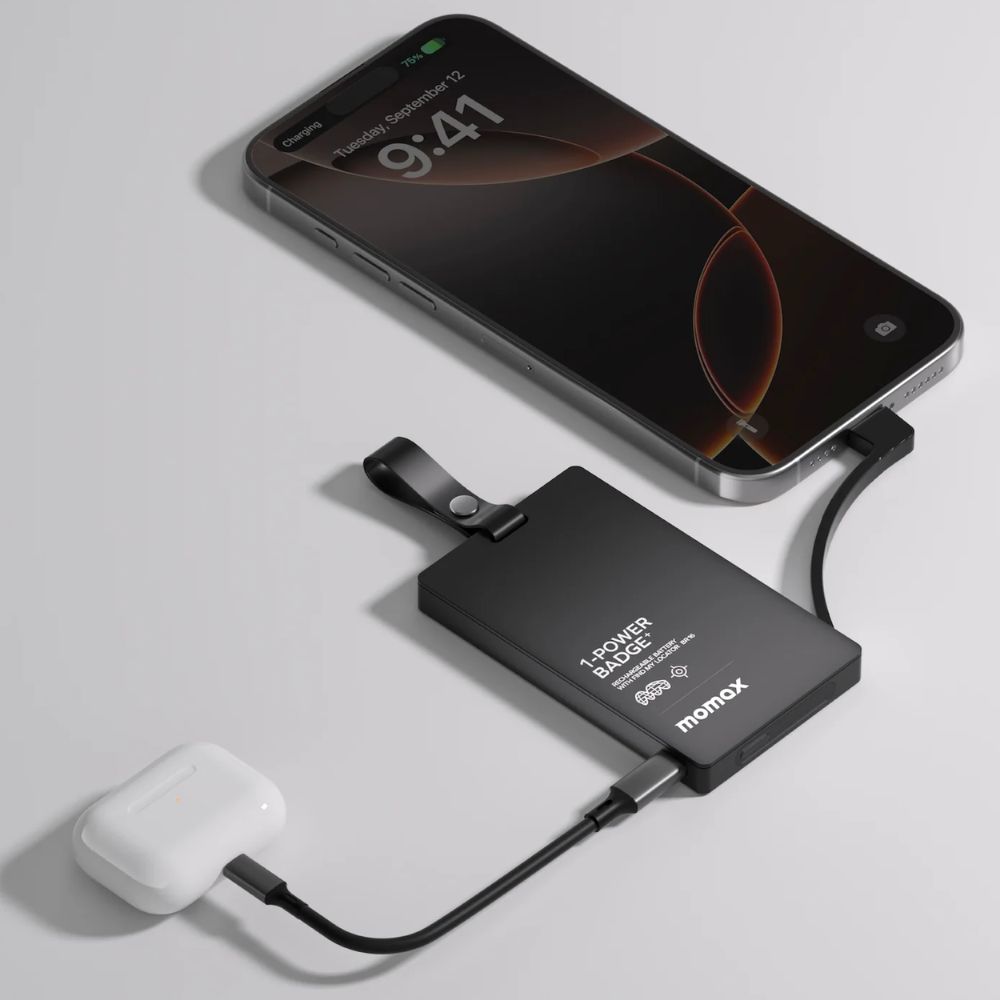 Momax 1Power Badge+ Rechargeable Battery With FIND MY Locator (Black)