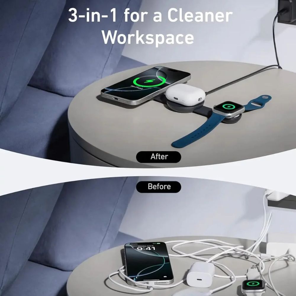 Anker MagGo Wireless Charging Station (3-in-1, Foldable Pad) with Adapter and Cable (Black)