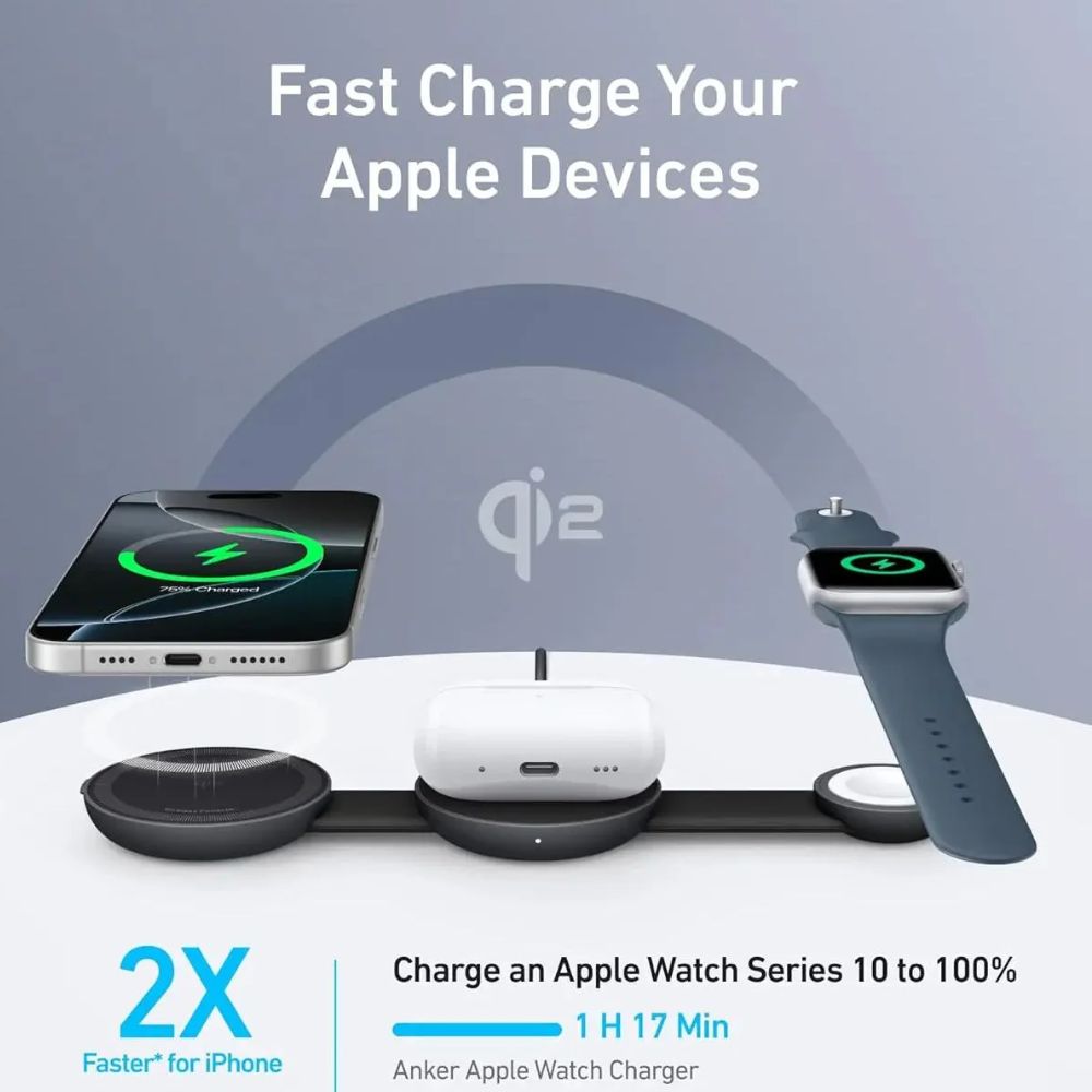 Anker MagGo Wireless Charging Station (3-in-1, Foldable Pad) with Adapter and Cable (Black)