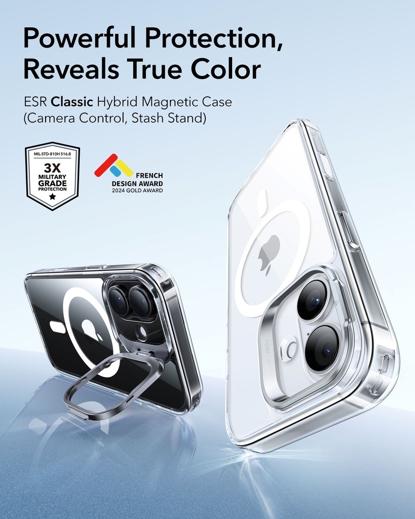 ESR HaloLock Classic Hybrid Case with Stash Stand for iPhone 17 (Clear)