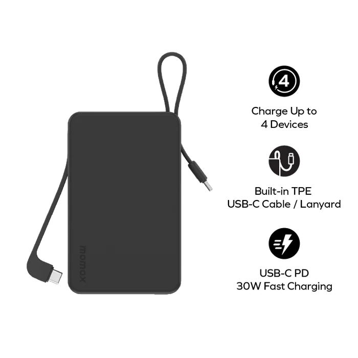 Momax 1-Power Vital+ 20000mAh Battery Pack with Dual Built-in USB-C Cable (Black)