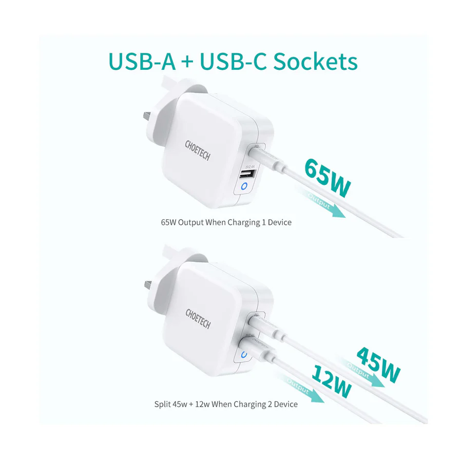 Choetech 65W Dual USB-C Port Gan Charger + C-C Cable (White)
