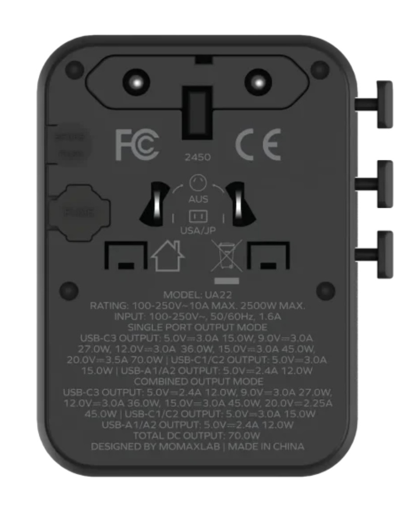 Momax 1-World2 70W 5-Port USB-C AC Travel Adaptor (Black)