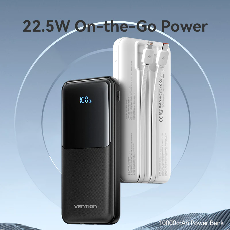 Vention Power Bank 10000mAh with Built-in USB-C and Lightning Cables (White)