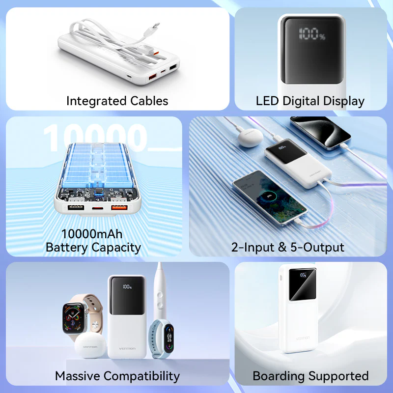 Vention Power Bank 10000mAh with Built-in USB-C and Lightning Cables (White)