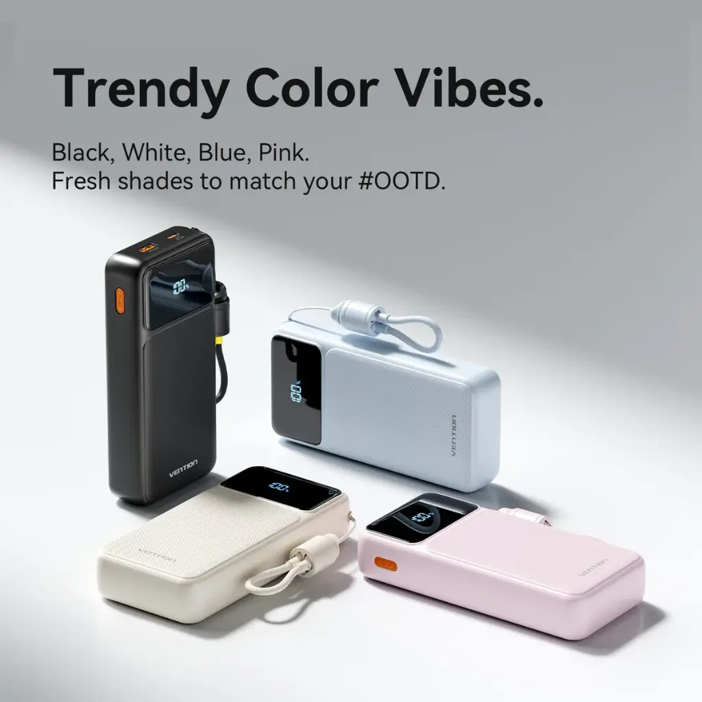 Vention Power Bank 20000mAh with Built-in USB-C and Lightning Cables (White)