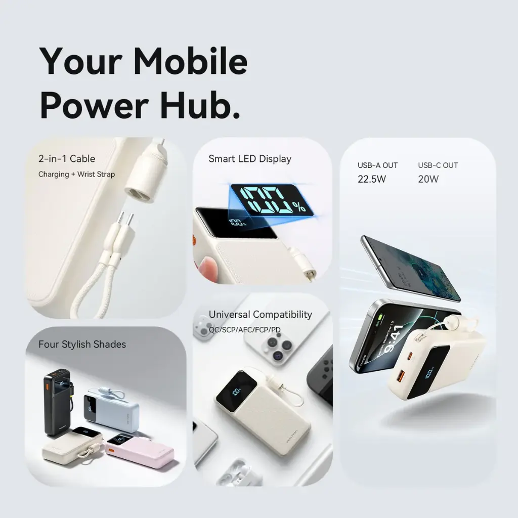 Vention Power Bank 20000mAh with Built-in USB-C and Lightning Cables (White)