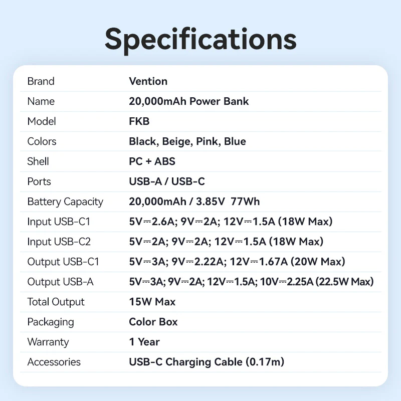 Vention Power Bank 20000mAh with Built-in USB-C-C Cable (Beige)