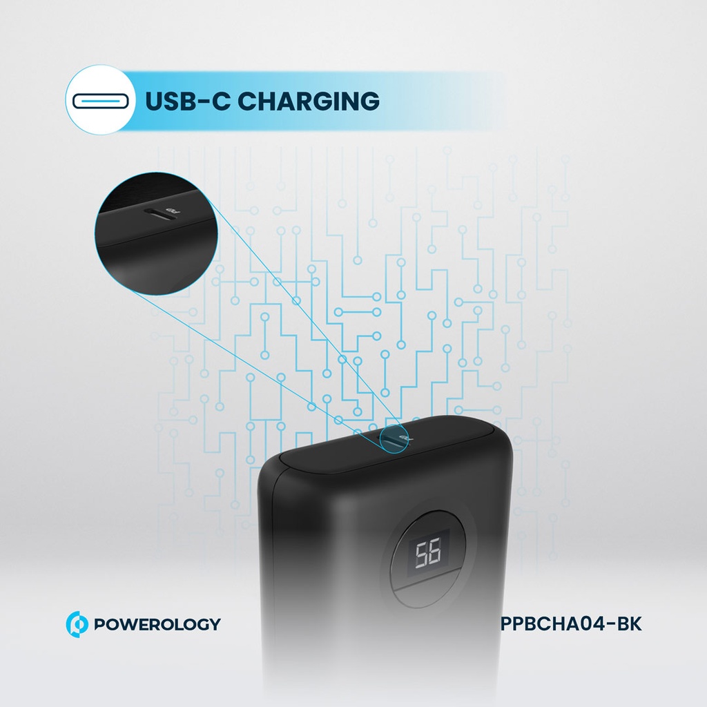 Powerology 10000mAh Ultra-Compact Power Bank 20W PD & QC3.0 USB-A and USB-C (Black)