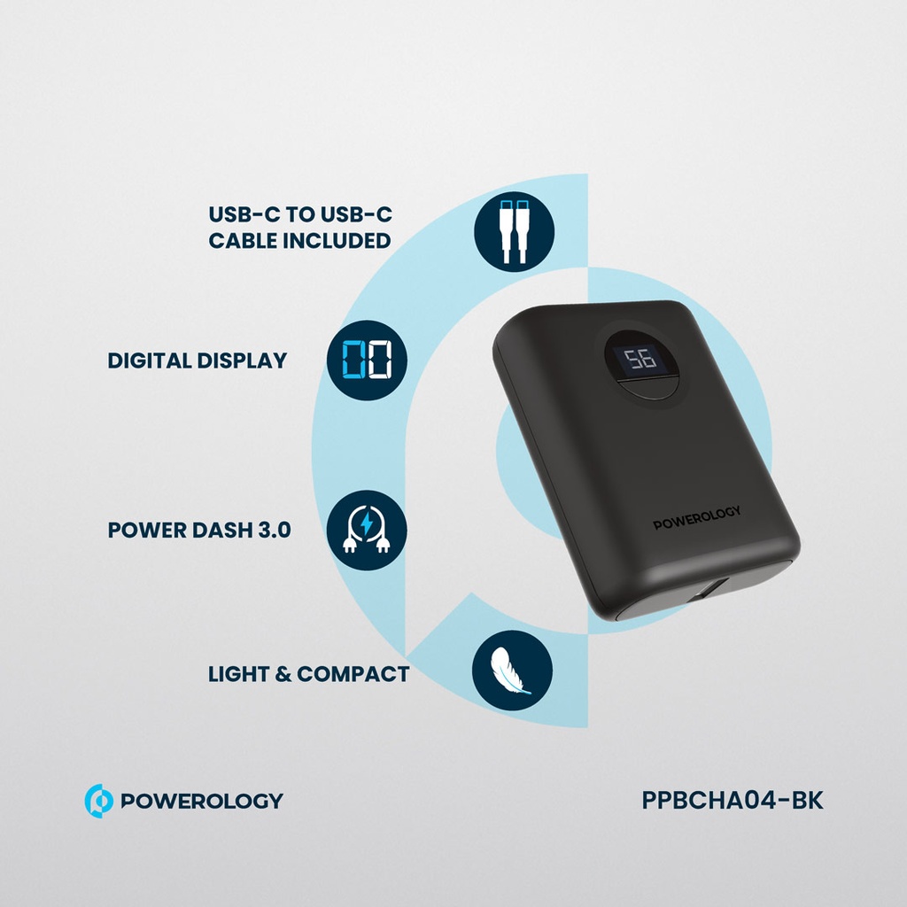 Powerology 10000mAh Ultra-Compact Power Bank 20W PD & QC3.0 USB-A and USB-C (Black)
