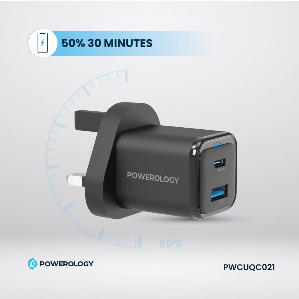 Powerology Dual Port Super Compact Quick Charger With USB-C To USB-C Cable 1.2M (Black)