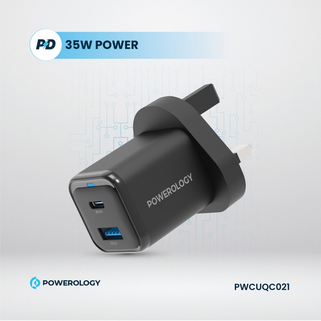 Powerology Dual Port Super Compact Quick Charger With USB-C To USB-C Cable 1.2M (Black)