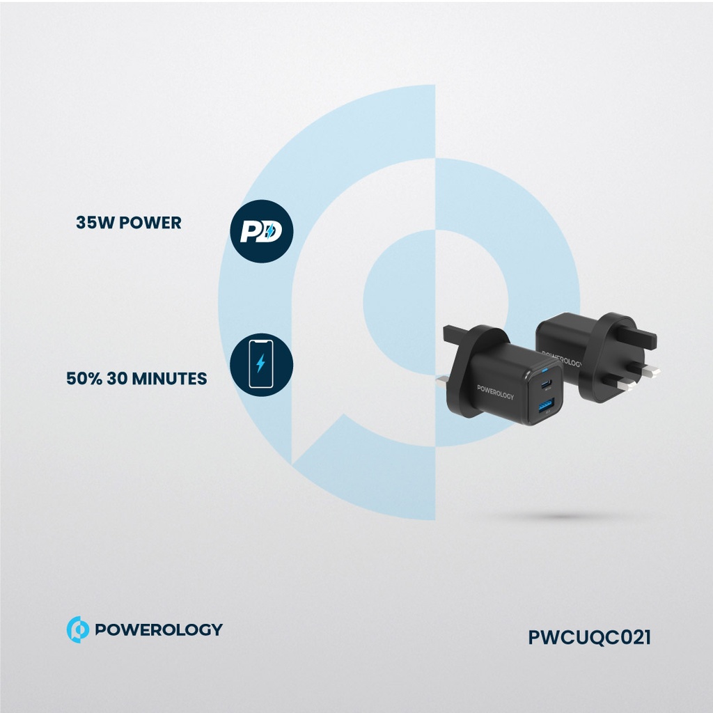 Powerology Dual Port Super Compact Quick Charger With USB-C To USB-C Cable 1.2M (Black)