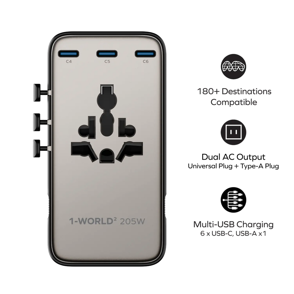 Momax 1-World2 205W 7-Port Dual AC Travel Adaptor (Titanium)