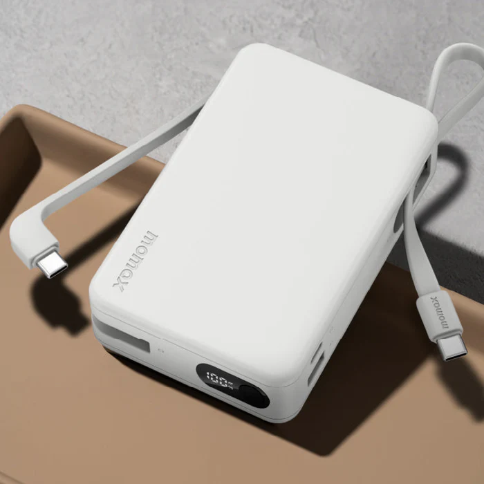 Momax 1-Power Vital+ 20000mAh Battery Pack with Dual Built-in USB-C Cable (White)
