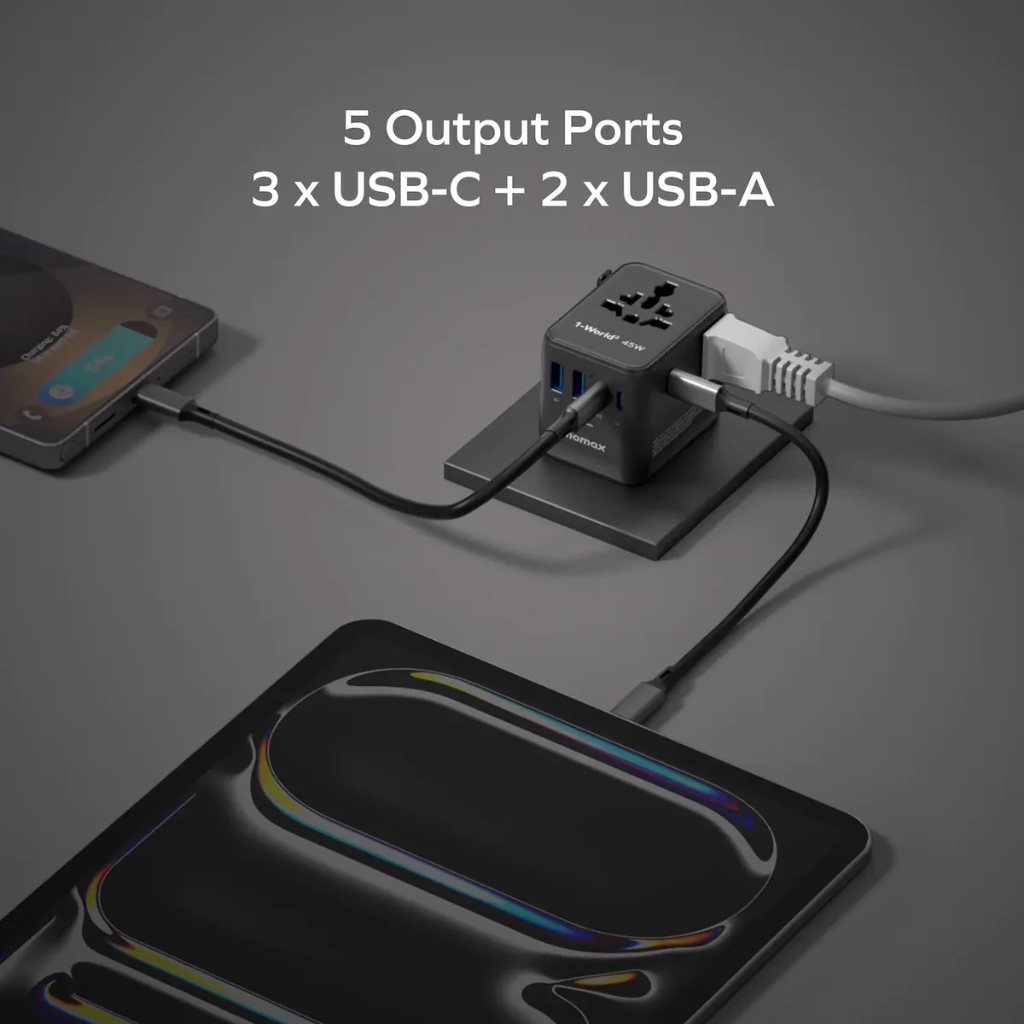Momax 1-World2 45W 5-Port Dual AC Travel Adaptor (Black)