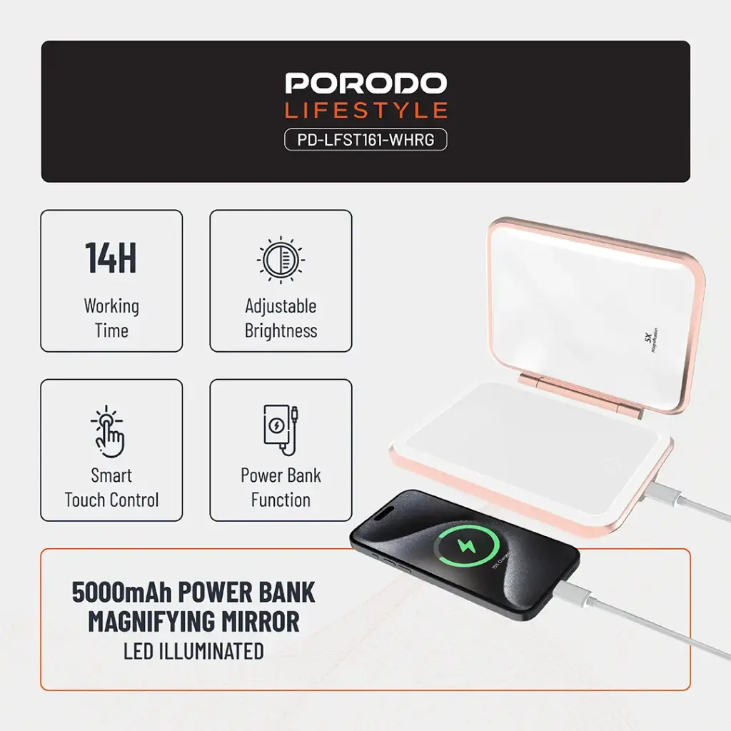 Porodo Lifestyle 5000mAh Power Bank Magnifying Mirror (White/Rose Gold)