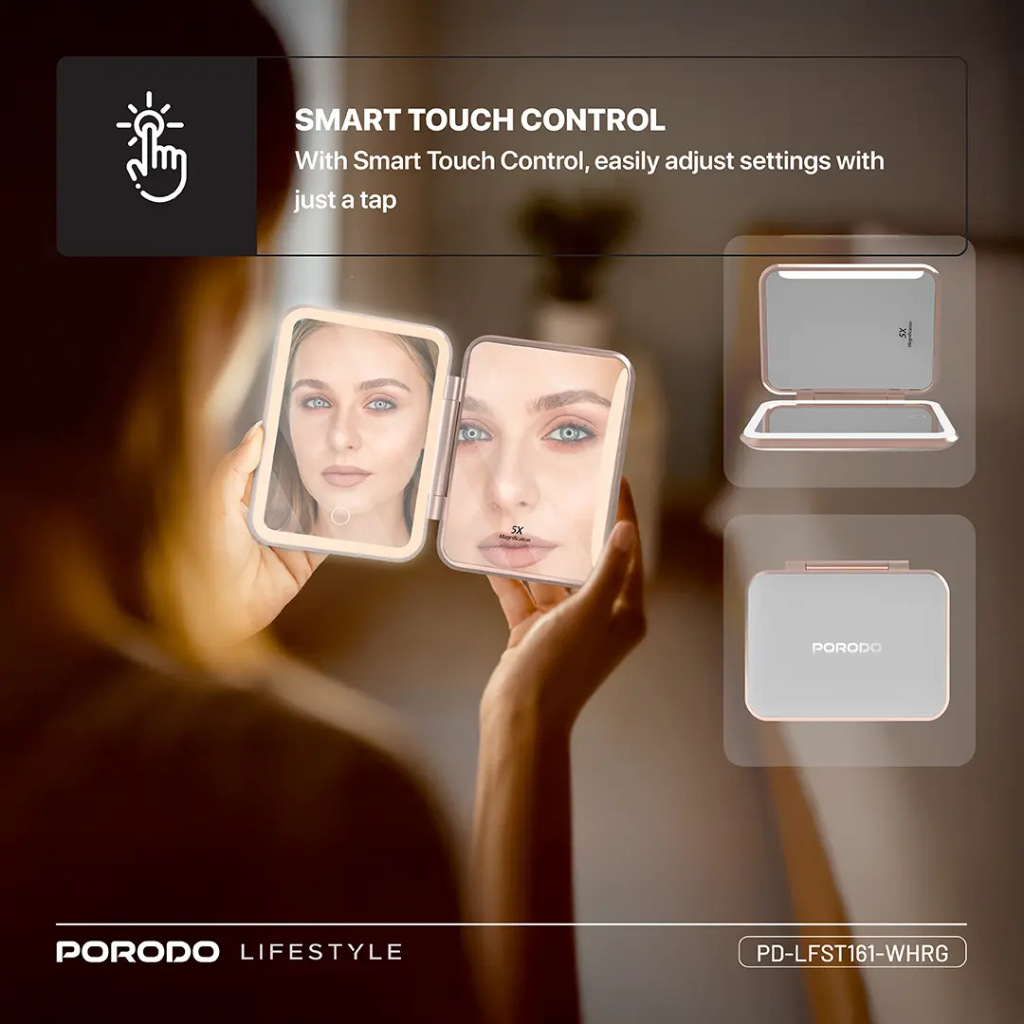 Porodo Lifestyle 5000mAh Power Bank Magnifying Mirror (White/Rose Gold)
