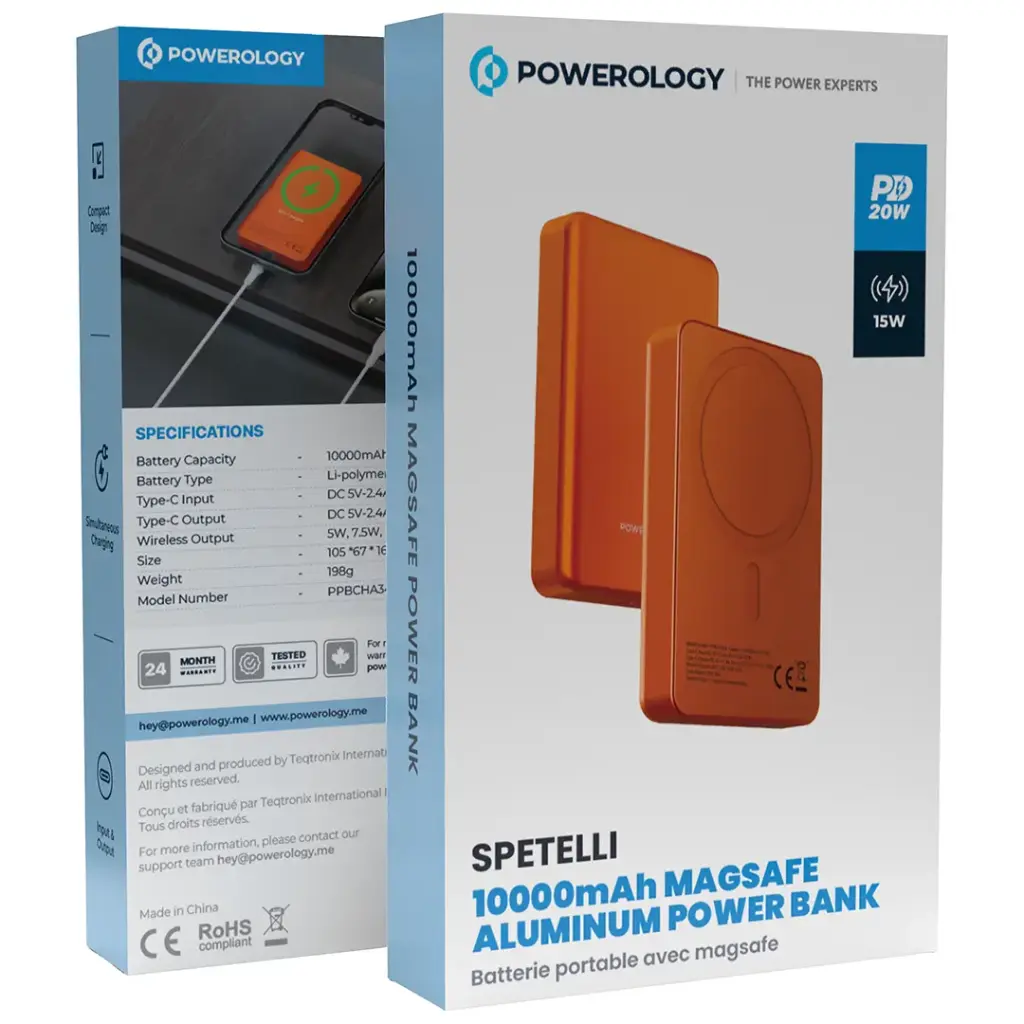 Powerology Spetelli Magsafe Aluminum Power Bank 10000mAh PD 20W (Orange)